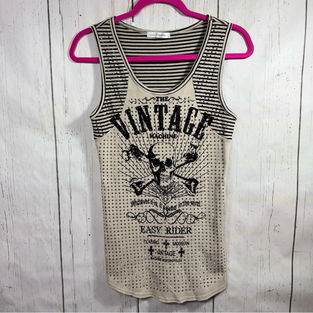 Voice of California Vintage Biker Studded Tan Skull Tank Top Sleeveless Stretch